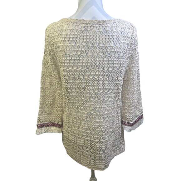 Umgee Crochet Knit Top  M Ivory  Aztec Print Hem Fringe - Picture 3 of 6